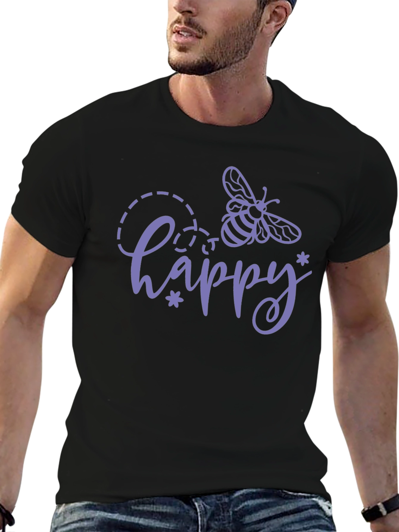 Happy Bee Graphic Tee - Black Cotton T-Shirt