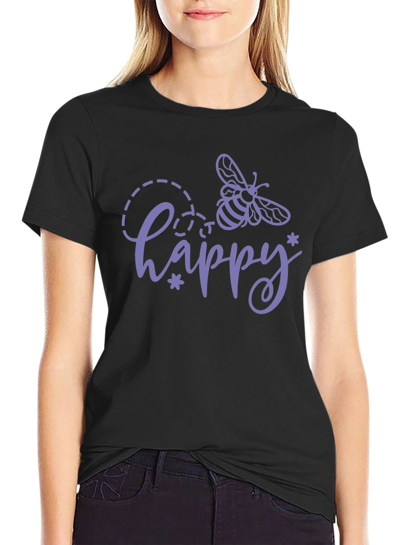 Happy Bee Graphic Tee - Black Cotton T-Shirt