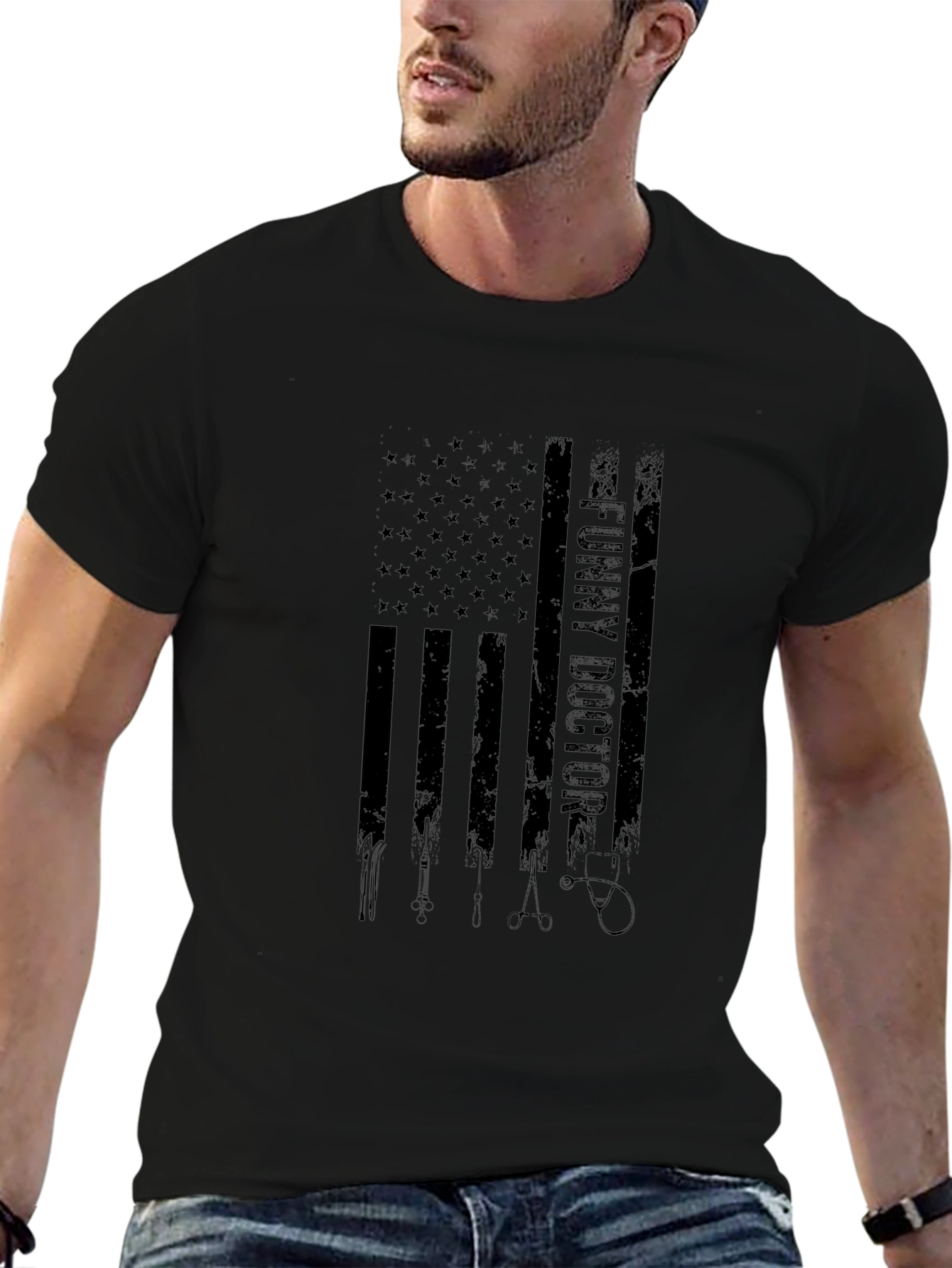 Funny Doctor American Flag Black T-Shirt