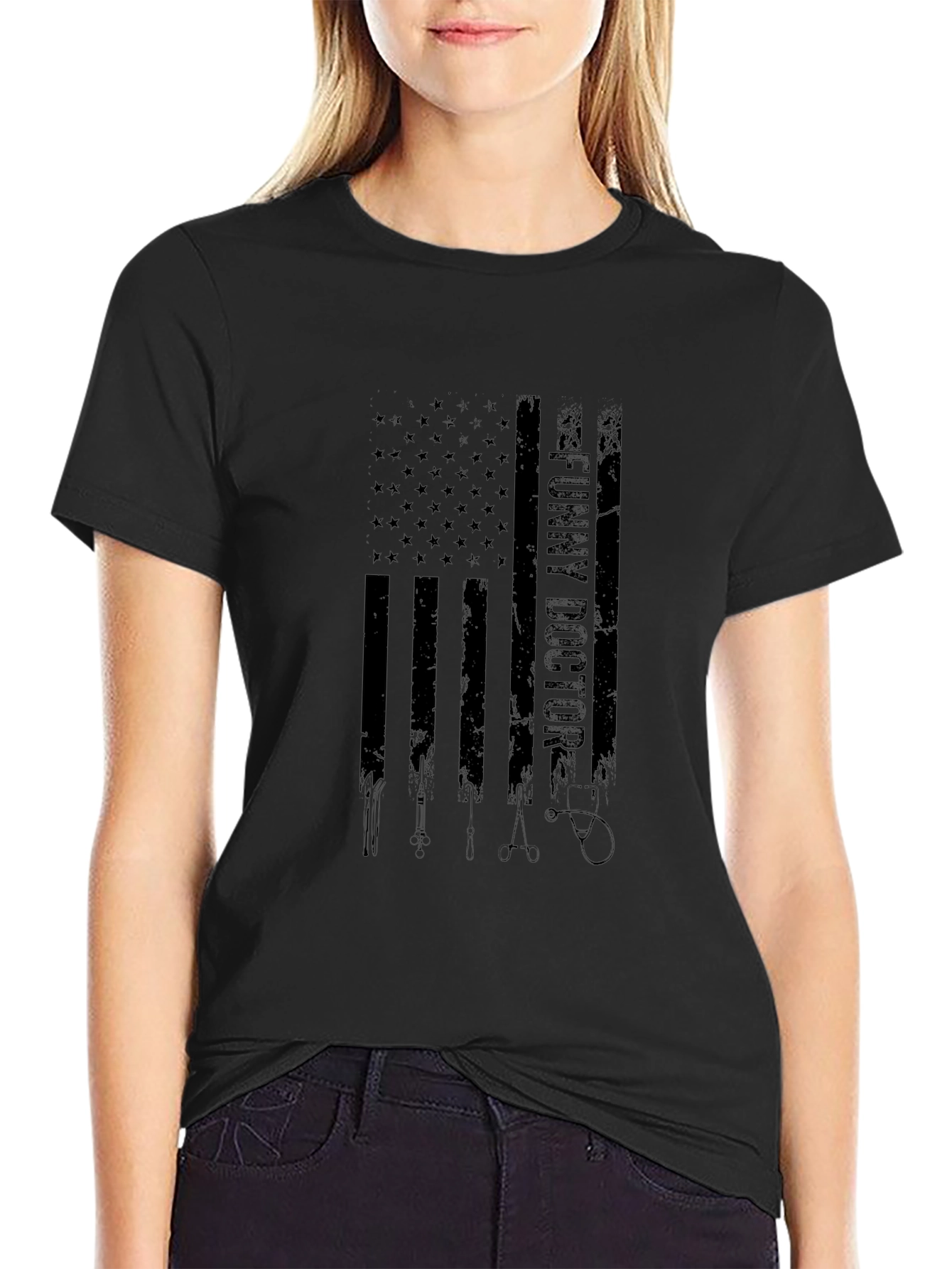 Funny Doctor American Flag Black T-Shirt