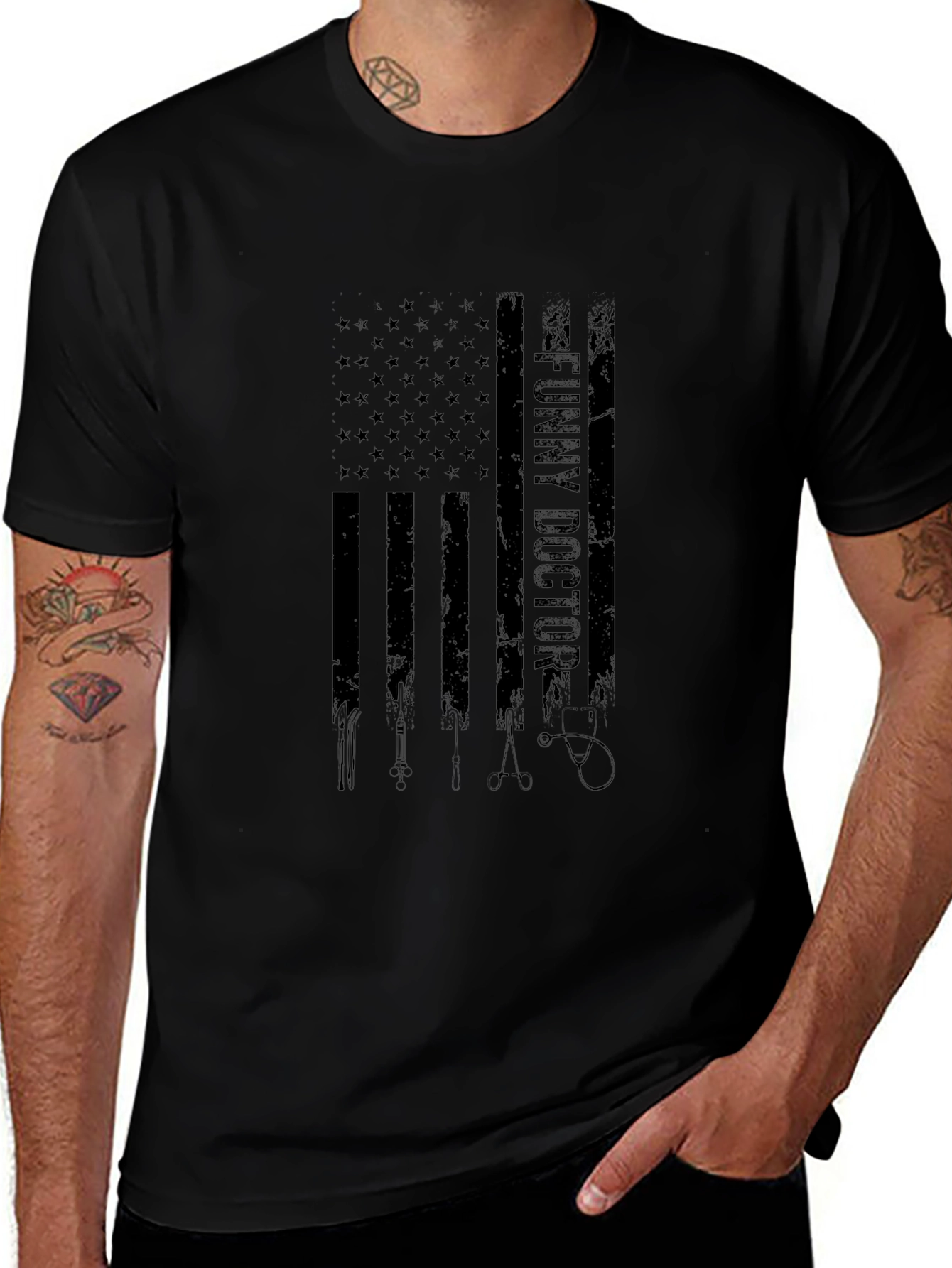 Funny Doctor American Flag Black T-Shirt