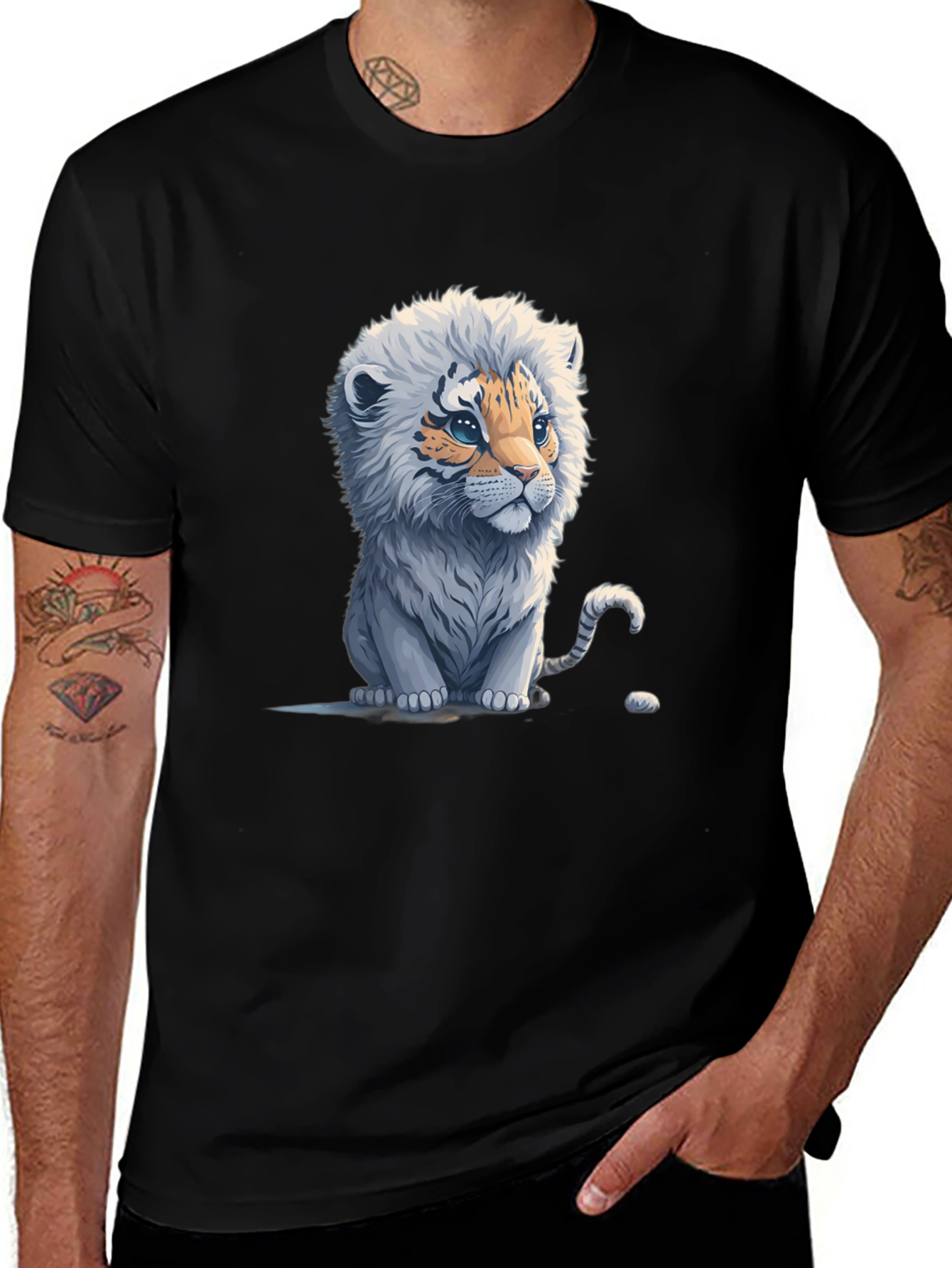 Cute Tiger Cub Graphic Tee - Black Cotton Blend