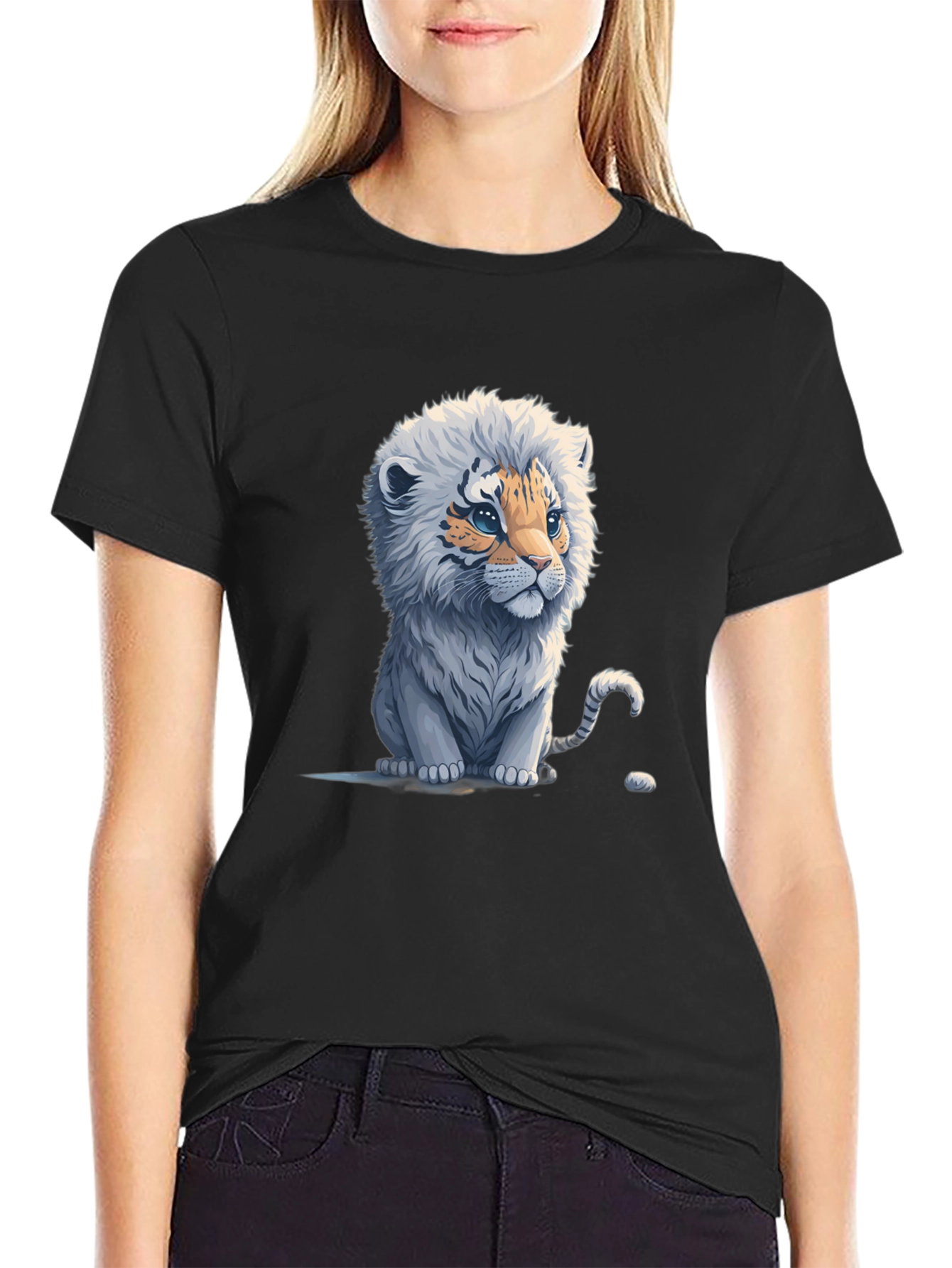 Cute Tiger Cub Graphic Tee - Black Cotton Blend