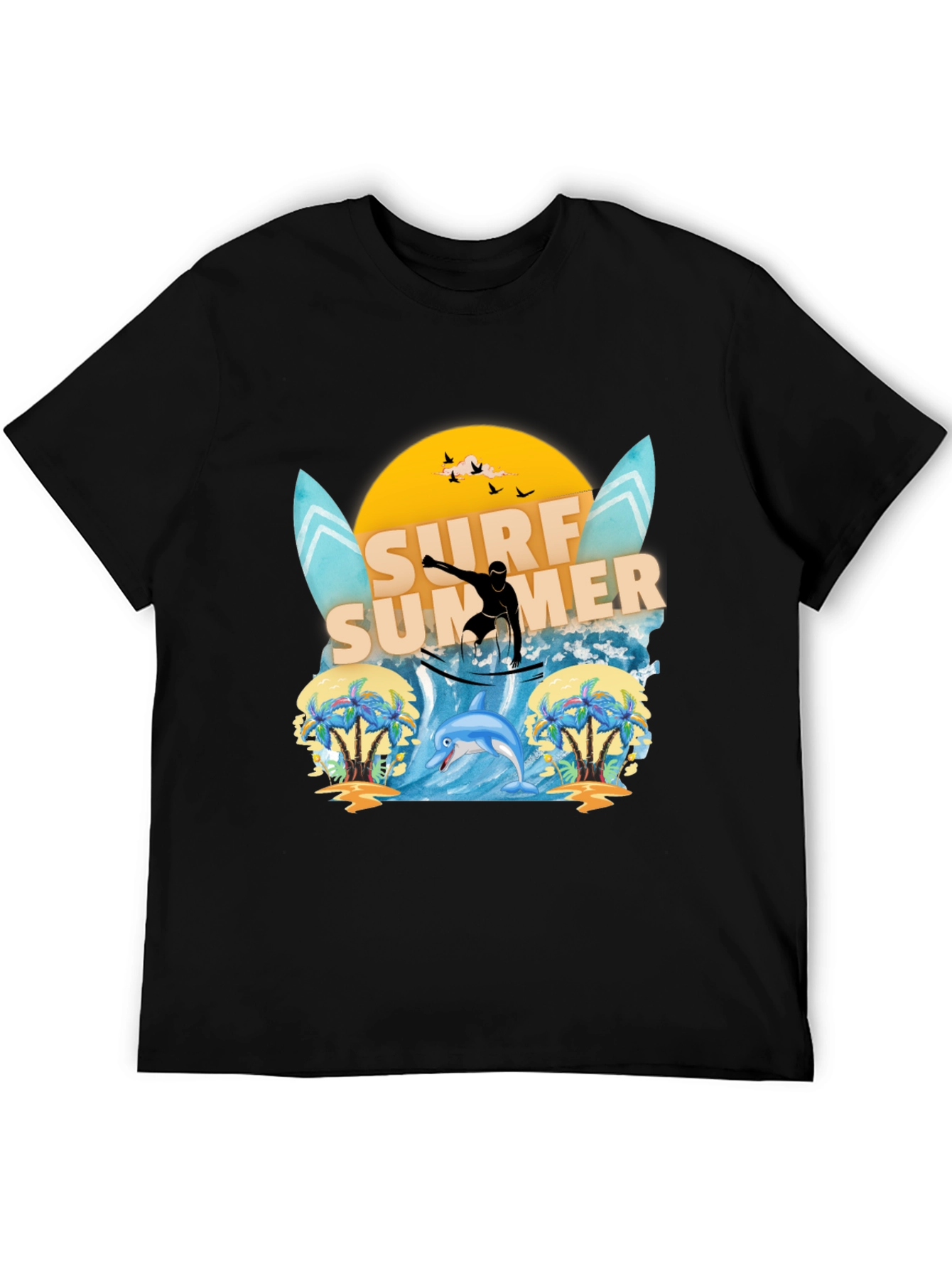 Surf Summer Graphic Tee - Black Cotton T-Shirt