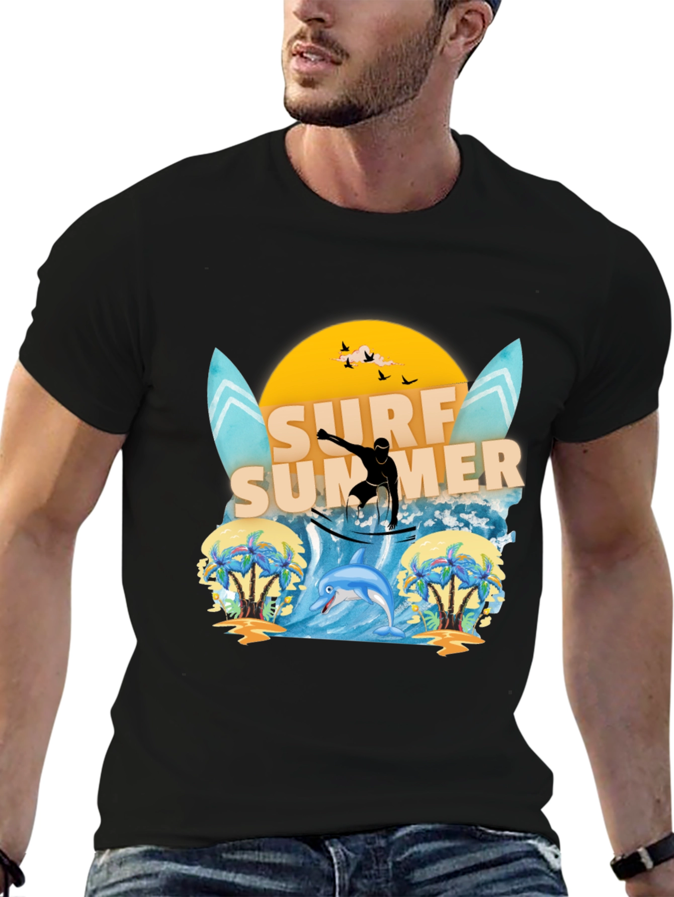 Surf Summer Graphic Tee - Black Cotton T-Shirt