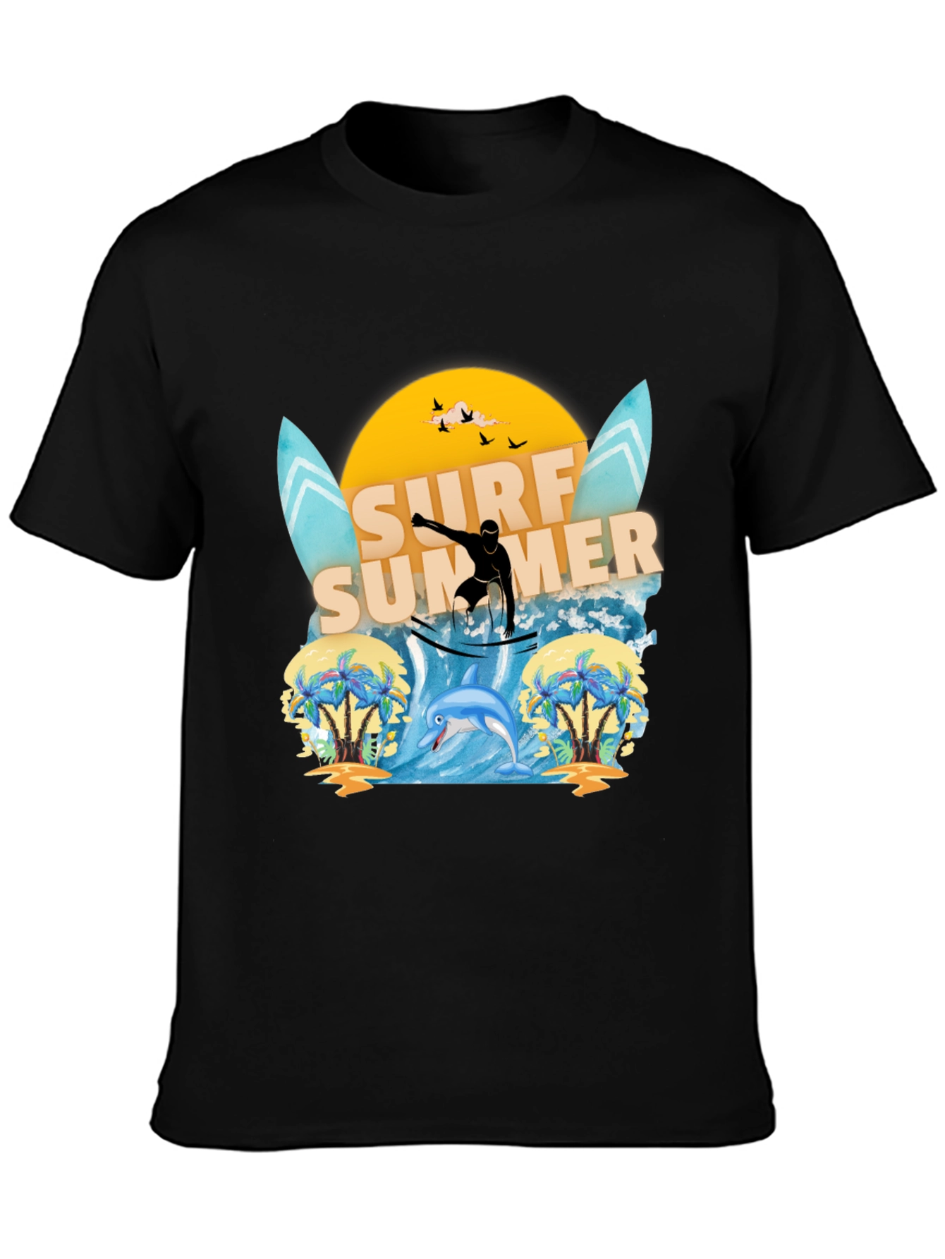 Surf Summer Graphic Tee - Black Cotton T-Shirt