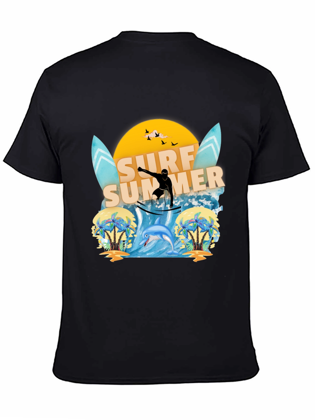 Surf Summer Graphic Tee - Black Cotton T-Shirt