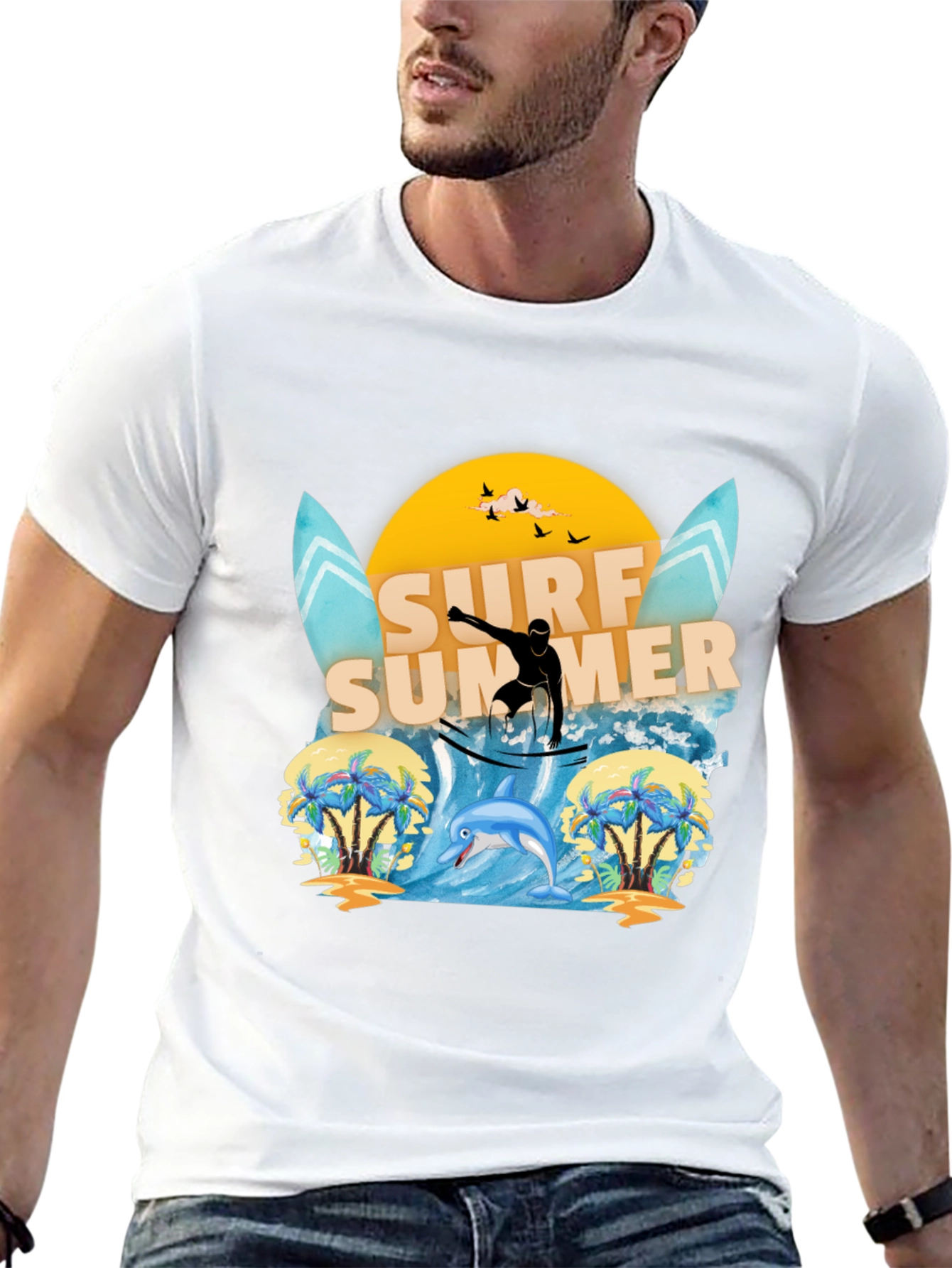 Surf Summer Graphic Tee - Black Cotton T-Shirt