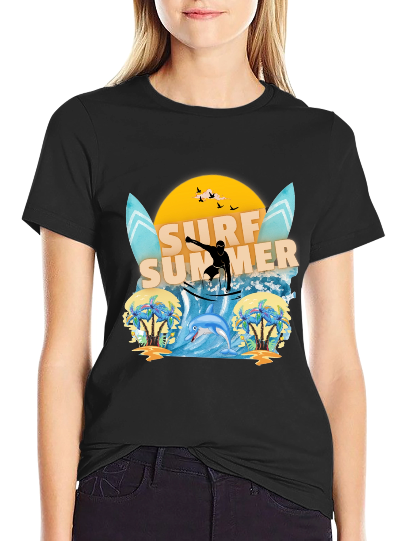 Surf Summer Graphic Tee - Black Cotton T-Shirt