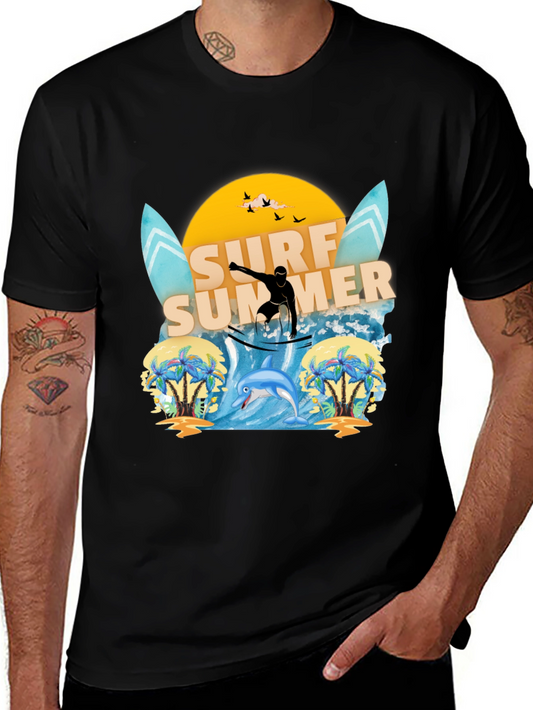 Surf Summer Graphic Tee - Black Cotton T-Shirt
