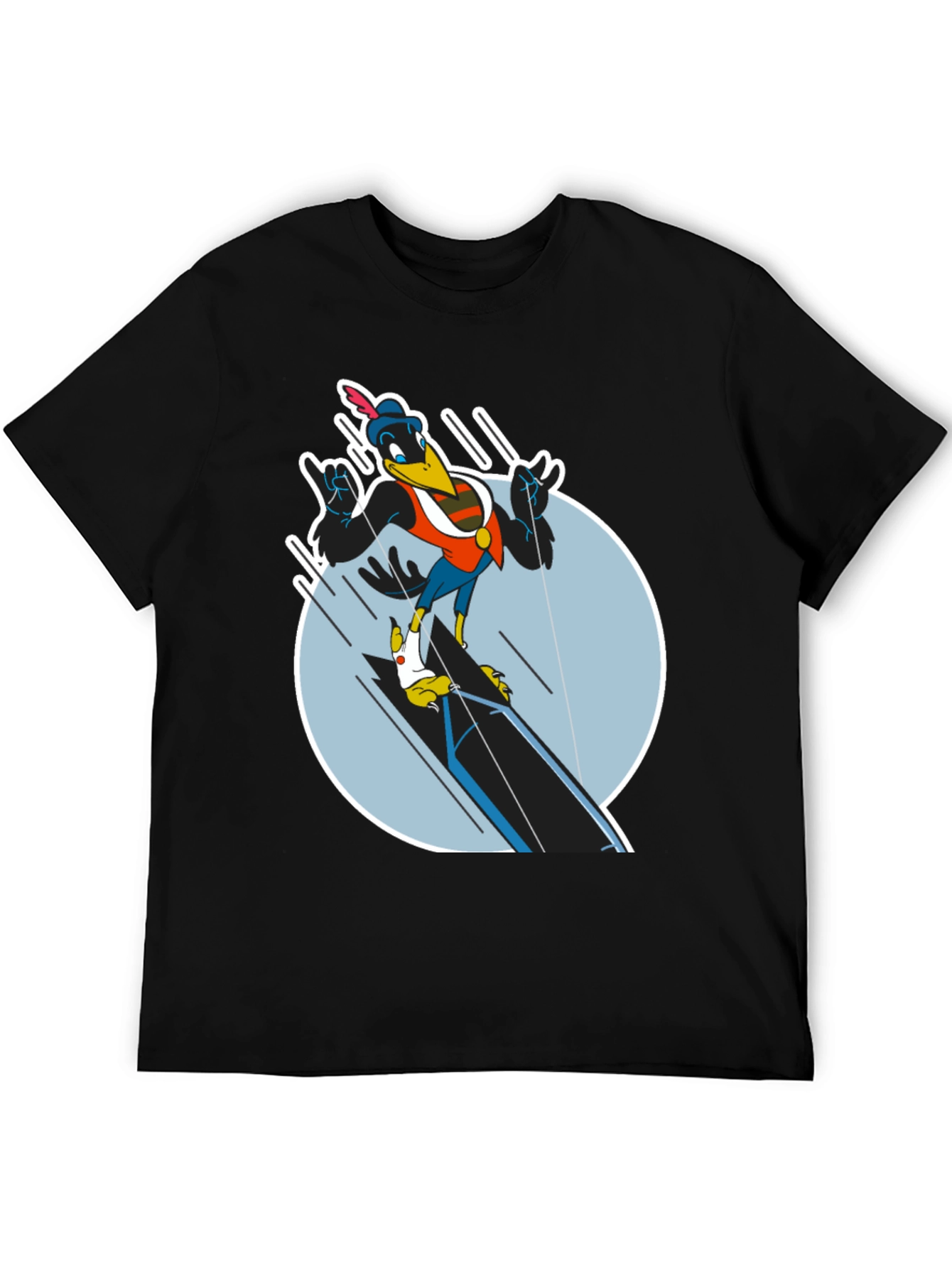 Cartoon Crow Graphic Tee - Black Cotton Blend