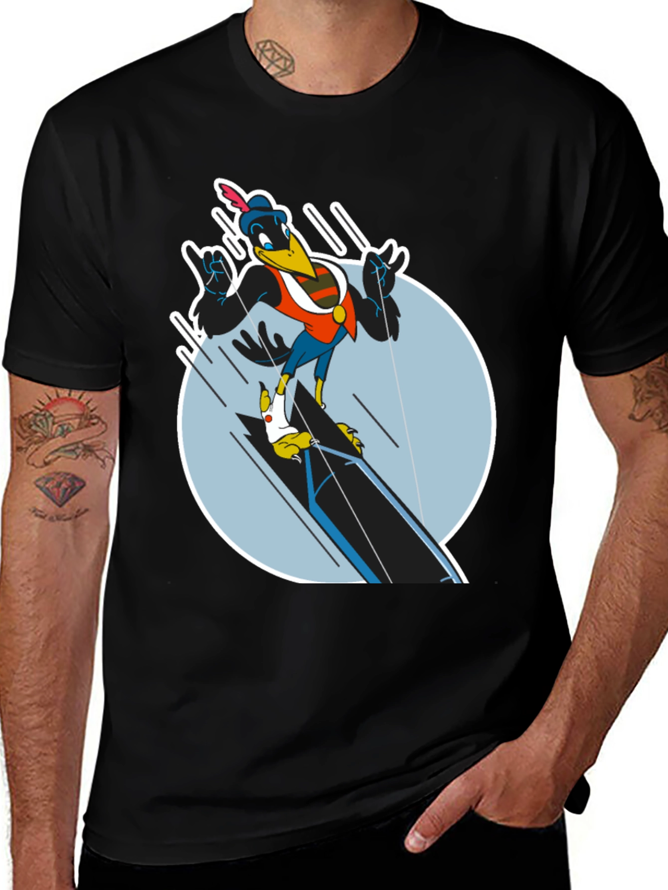 Cartoon Crow Graphic Tee - Black Cotton Blend