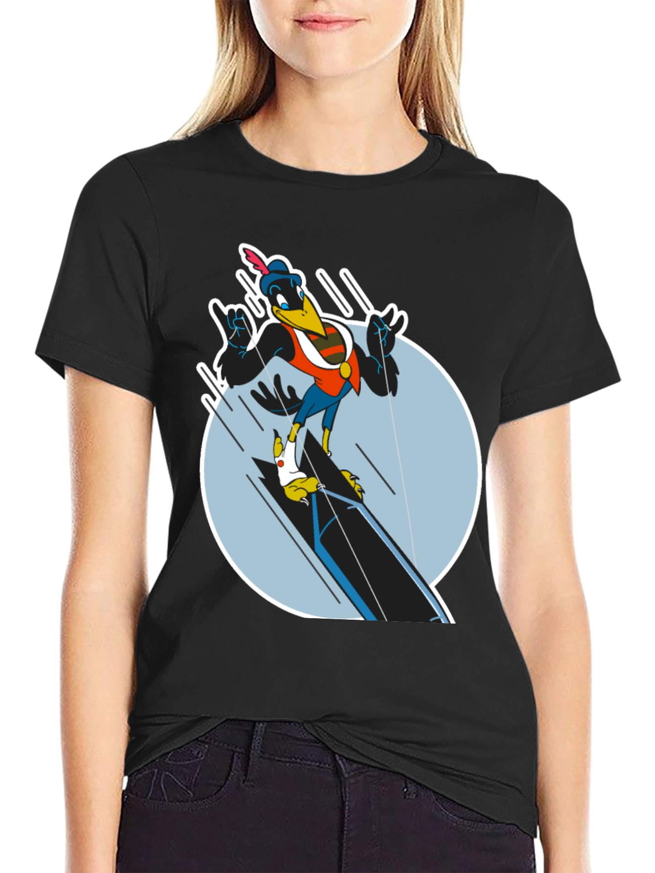 Cartoon Crow Graphic Tee - Black Cotton Blend