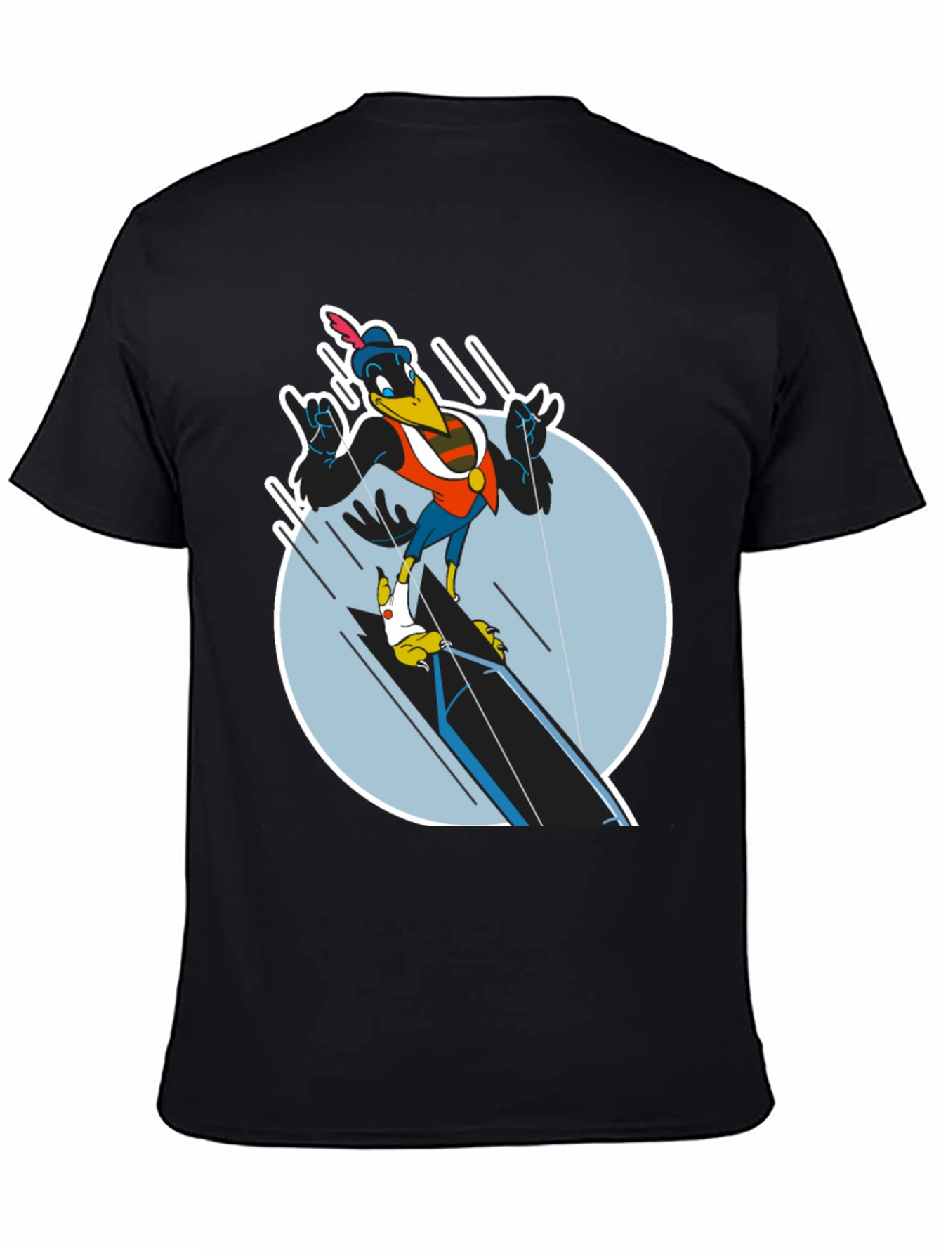 Cartoon Crow Graphic Tee - Black Cotton Blend