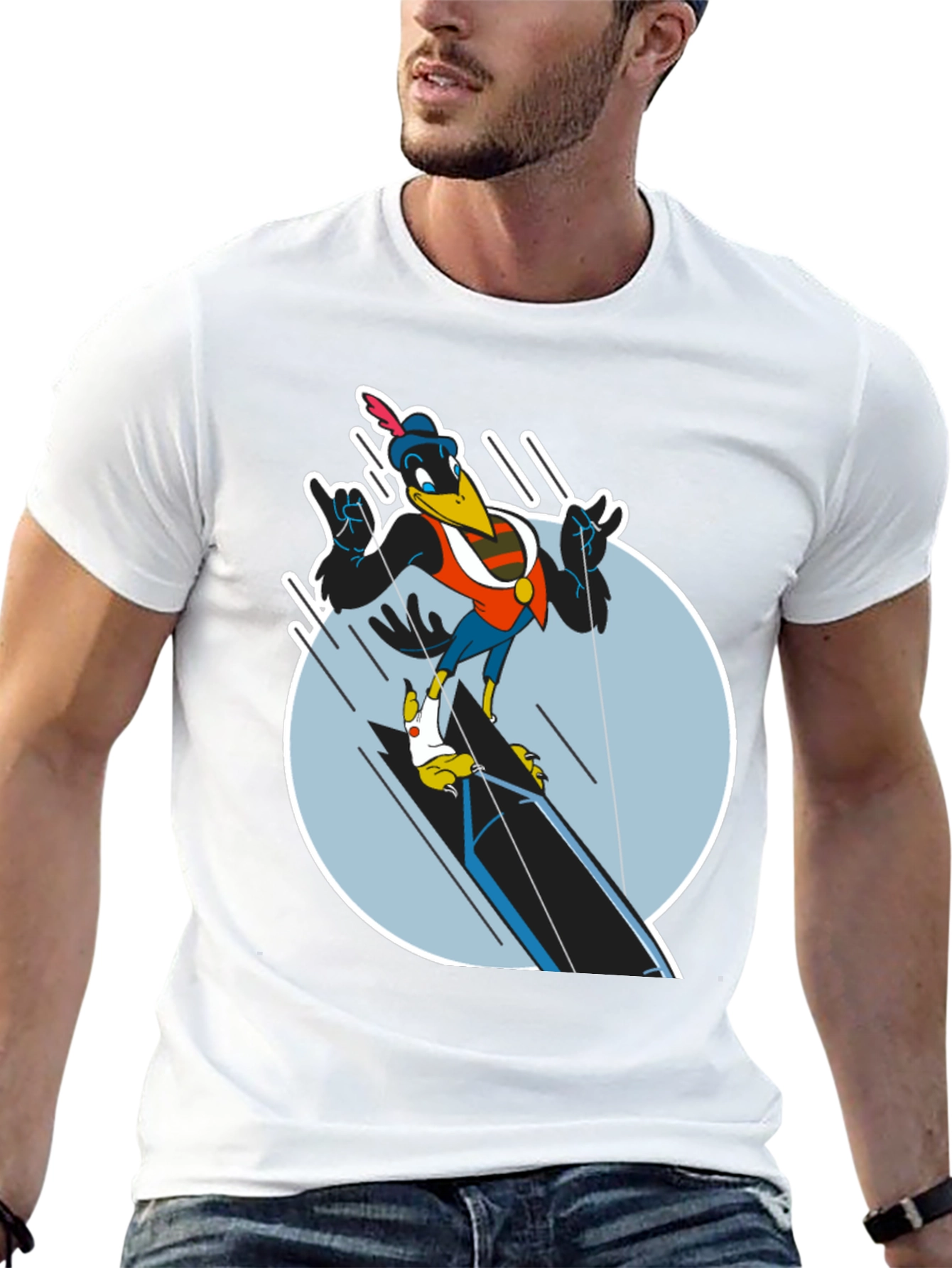 Cartoon Crow Graphic Tee - Black Cotton Blend