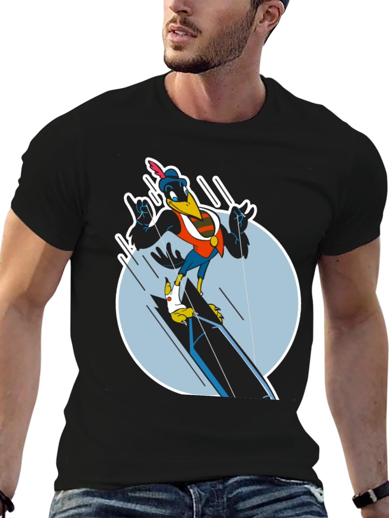 Cartoon Crow Graphic Tee - Black Cotton Blend