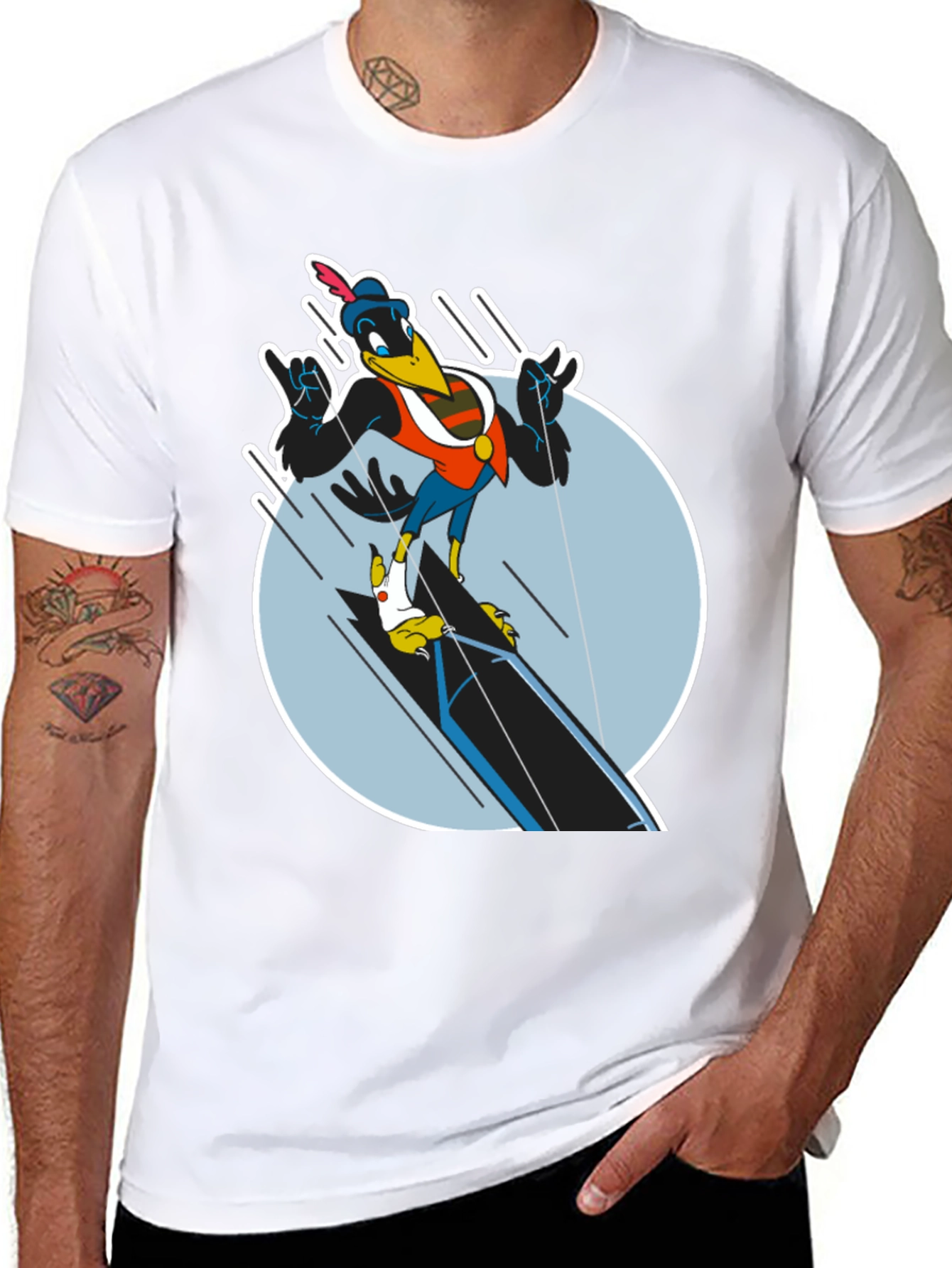 Cartoon Crow Graphic Tee - Black Cotton Blend