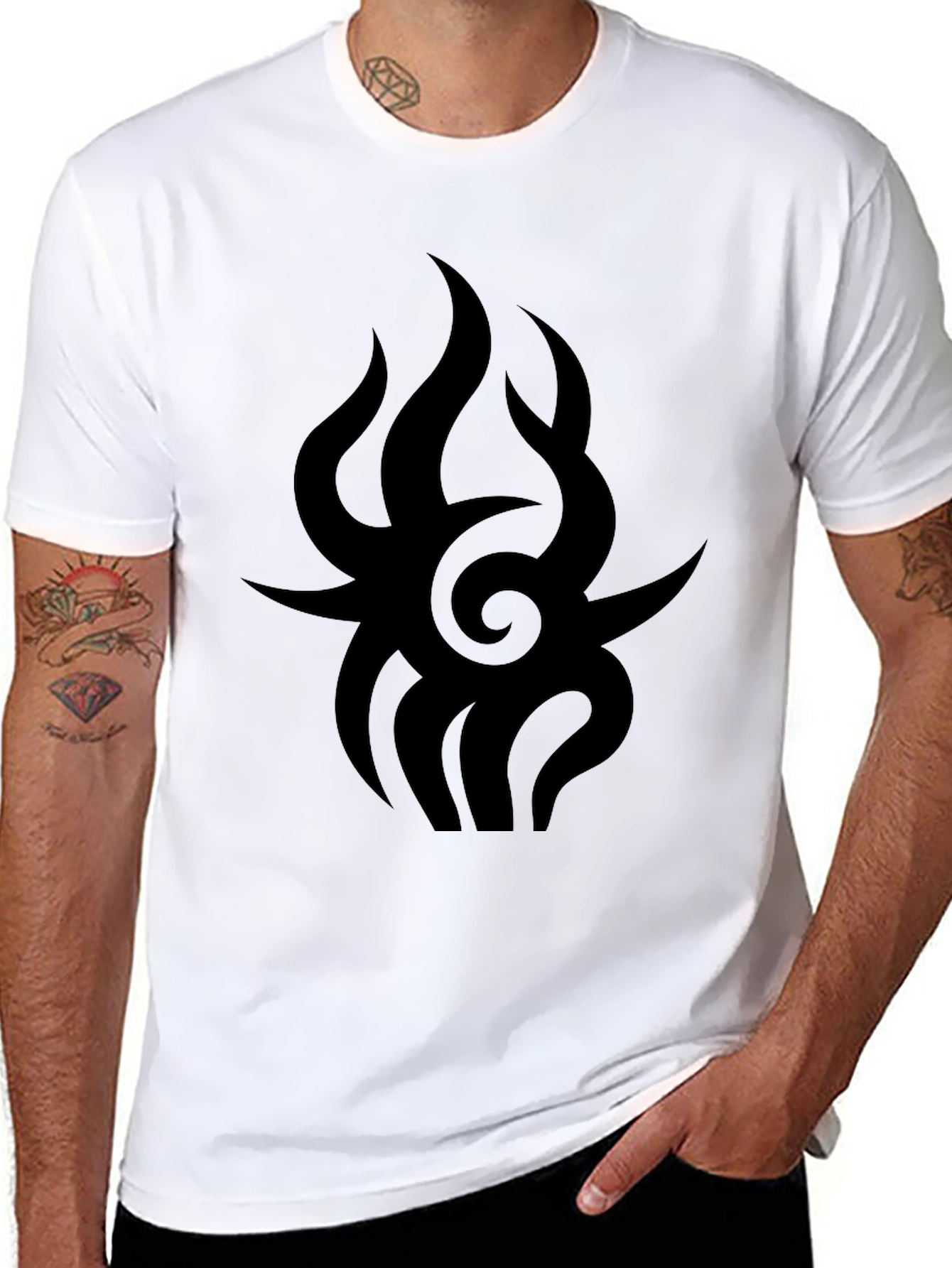 Mens Black Graphic Tee - Tribal Flame Design
