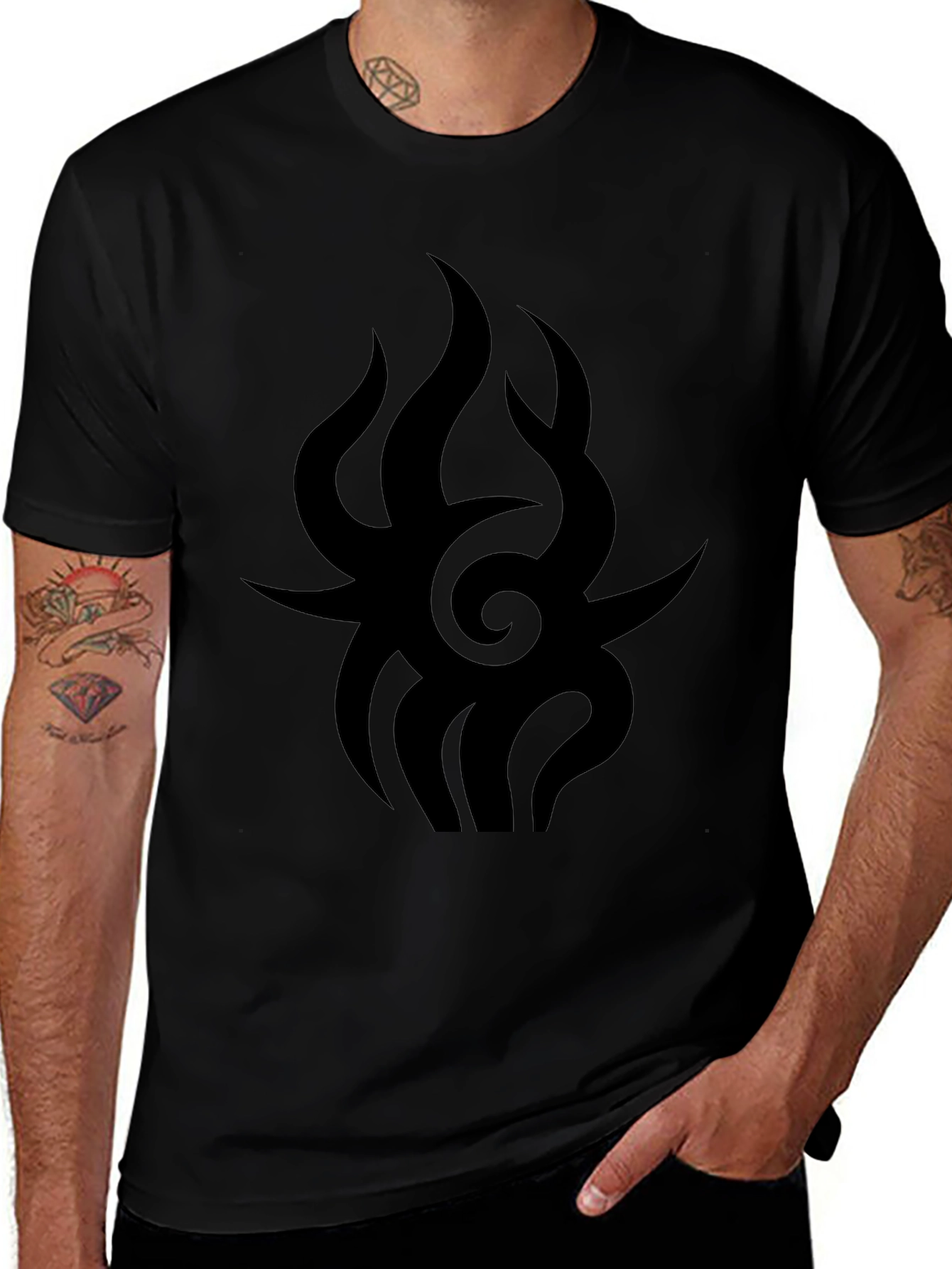 Mens Black Graphic Tee - Tribal Flame Design
