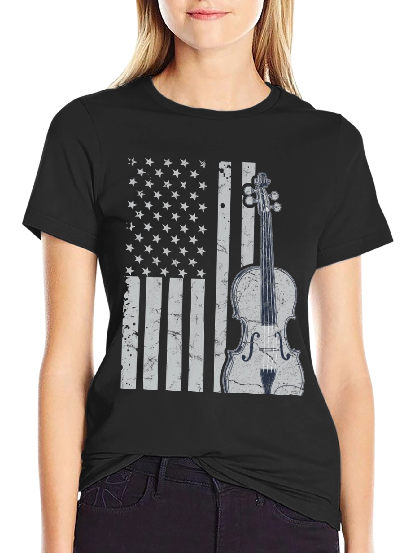 American Flag Violin Graphic T-Shirt