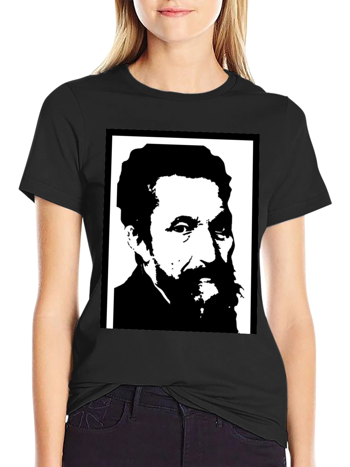 Black T-Shirt with Portrait Print
