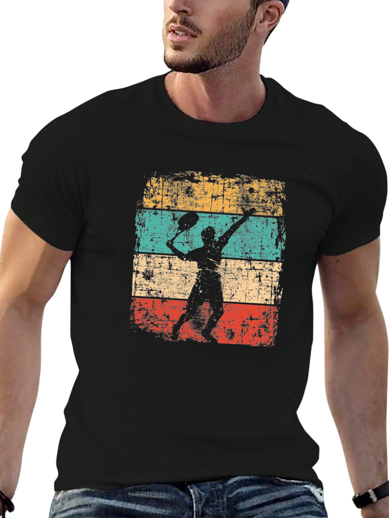 Retro Tennis Player Graphic Black T-Shirt