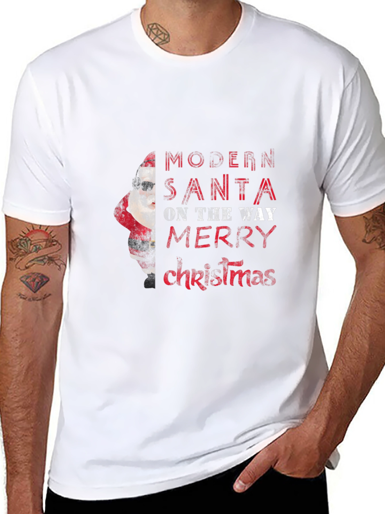 Modern Santa Merry Christmas Black Graphic Tee