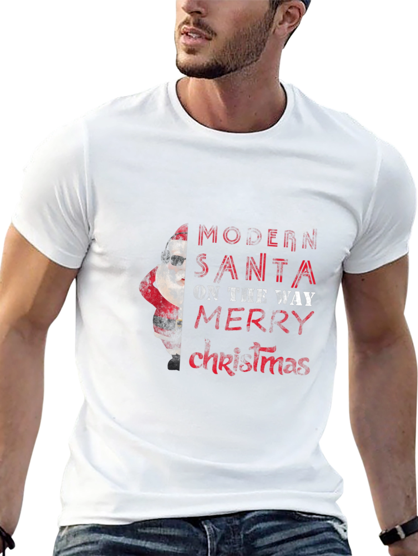 Modern Santa Merry Christmas Black Graphic Tee