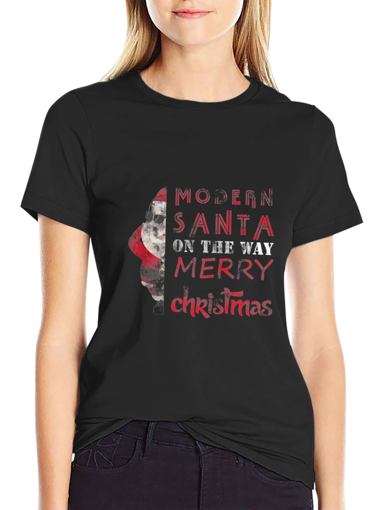 Modern Santa Merry Christmas Black Graphic Tee