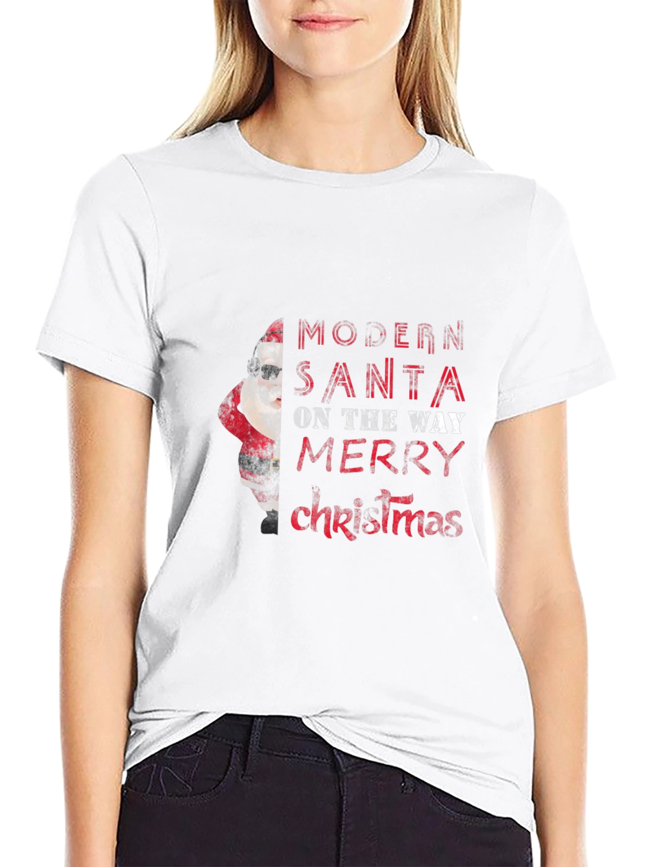 Modern Santa Merry Christmas Black Graphic Tee