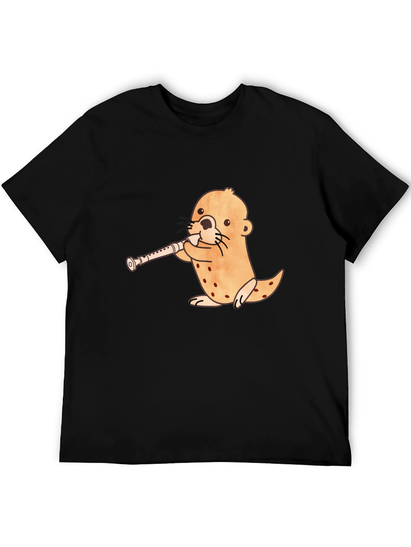 Funny Otter Playing Flute Black T-Shirt