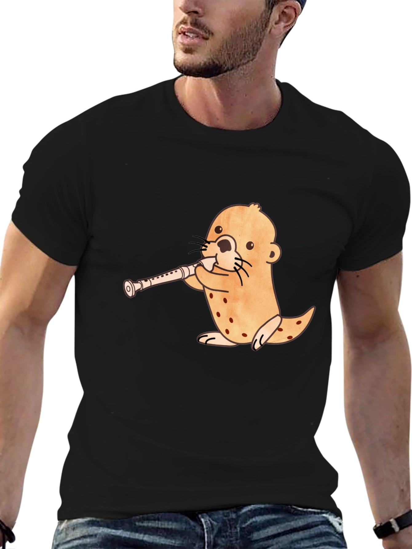Funny Otter Playing Flute Black T-Shirt