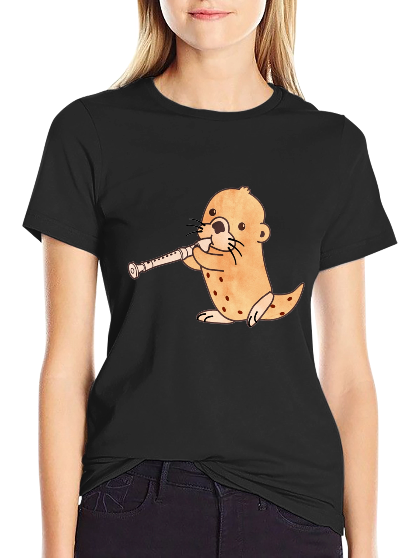 Funny Otter Playing Flute Black T-Shirt
