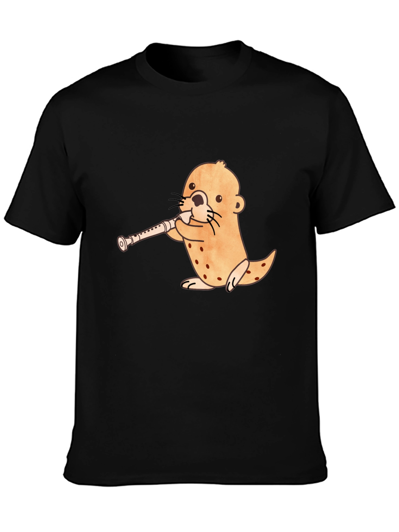Funny Otter Playing Flute Black T-Shirt