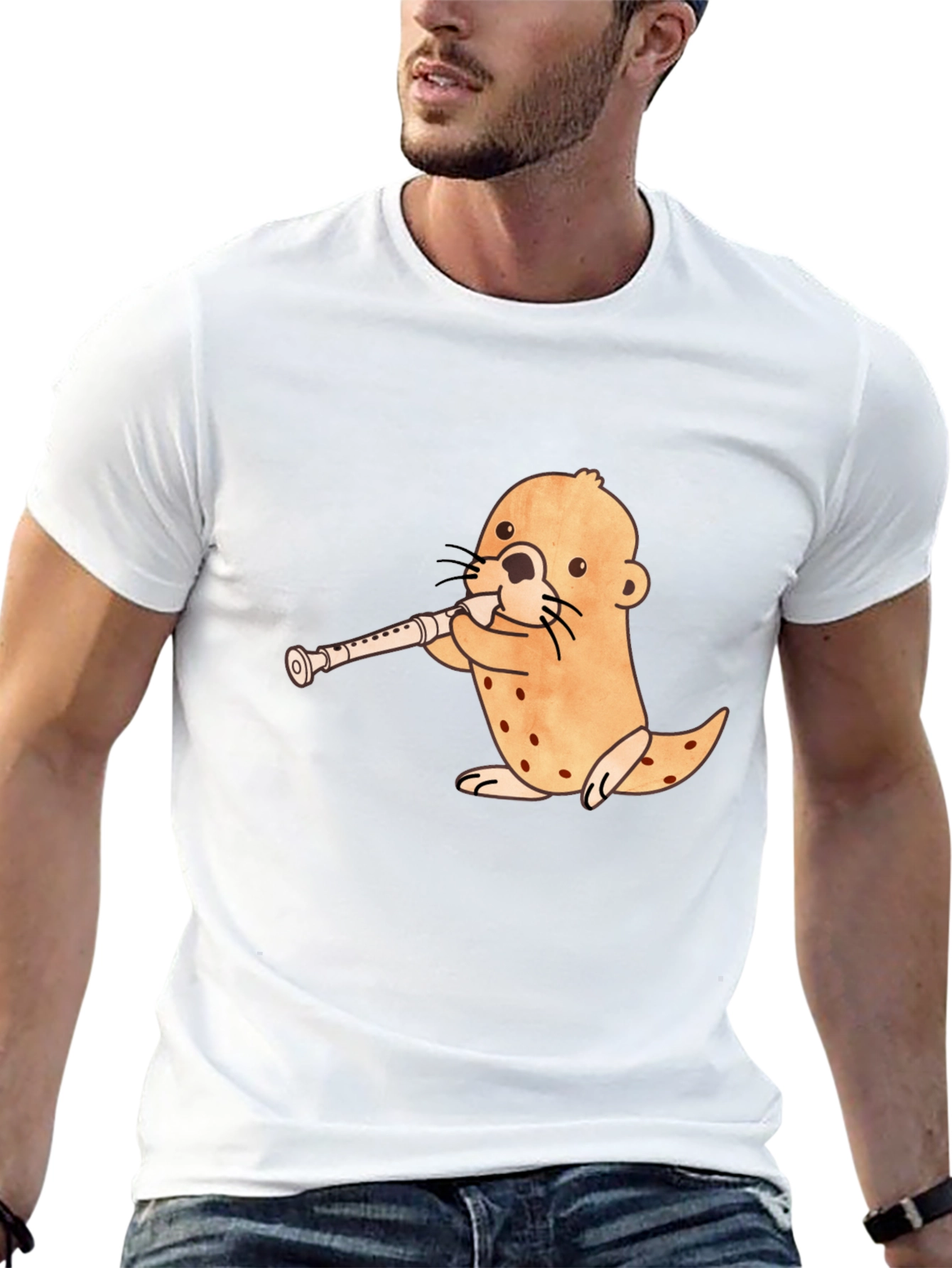 Funny Otter Playing Flute Black T-Shirt