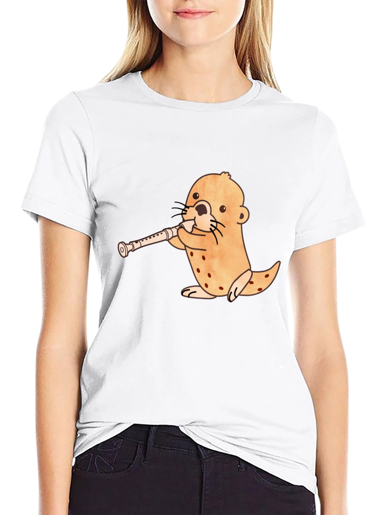 Funny Otter Playing Flute Black T-Shirt