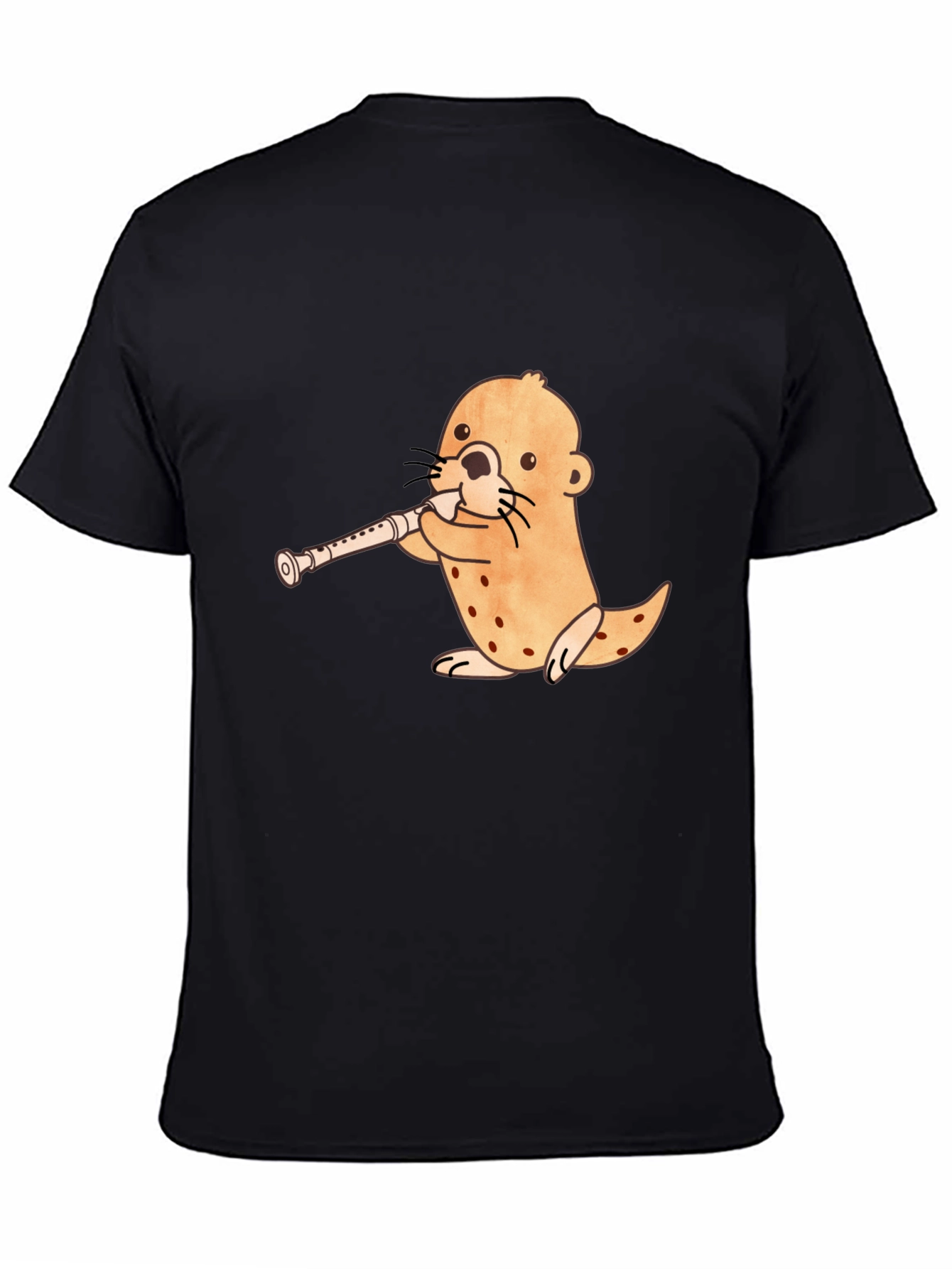Funny Otter Playing Flute Black T-Shirt