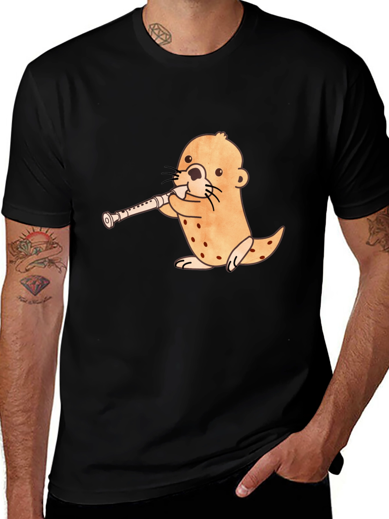 Funny Otter Playing Flute Black T-Shirt