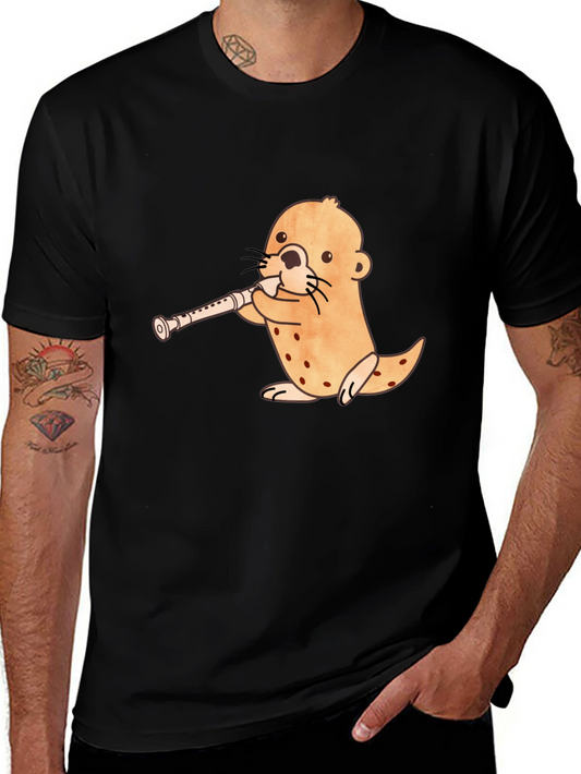 Funny Otter Playing Flute Black T-Shirt