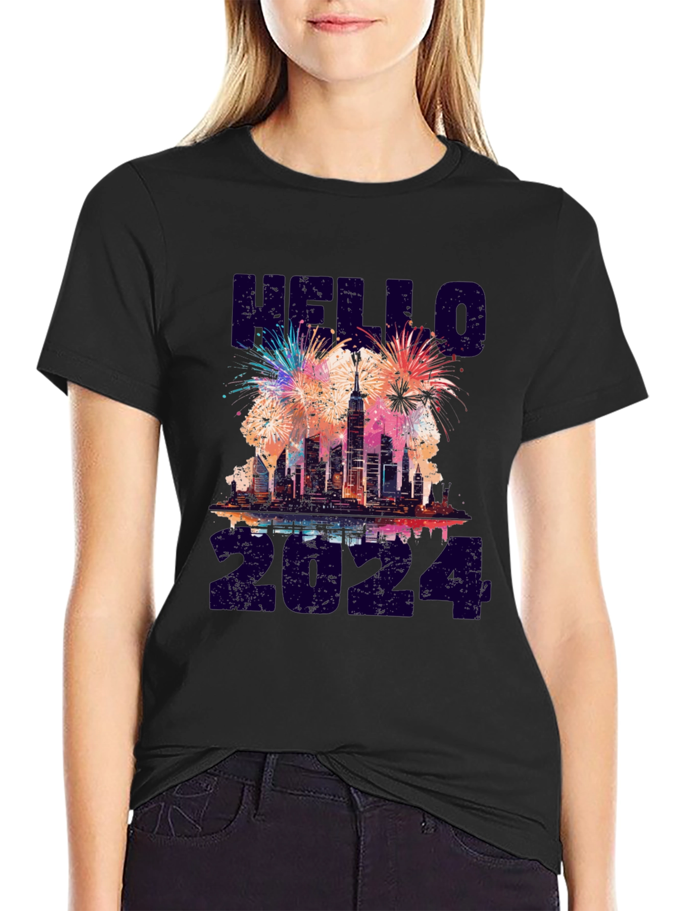 Hello 2024 NYC Skyline Fireworks Graphic Tee