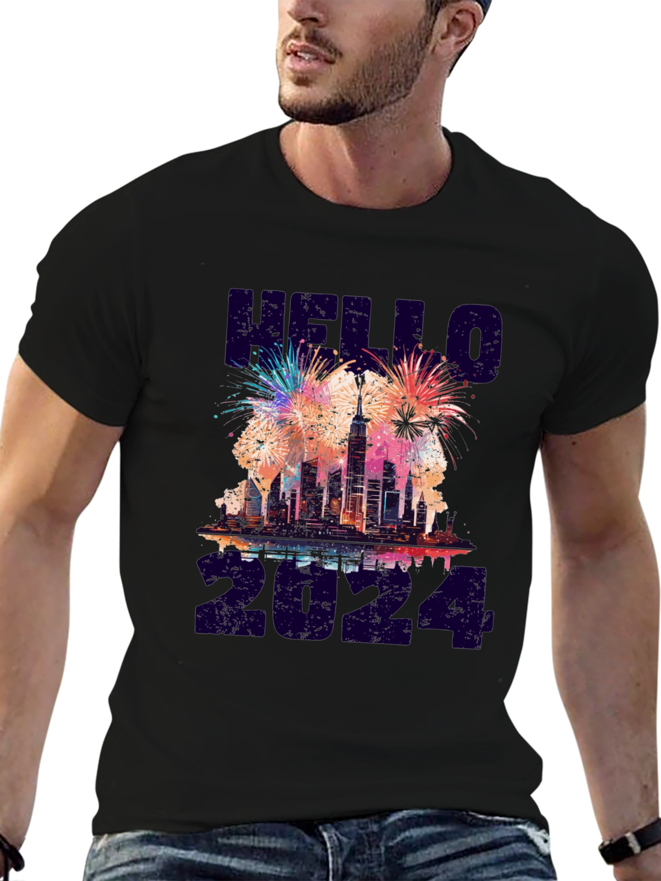 Hello 2024 NYC Skyline Fireworks Graphic Tee