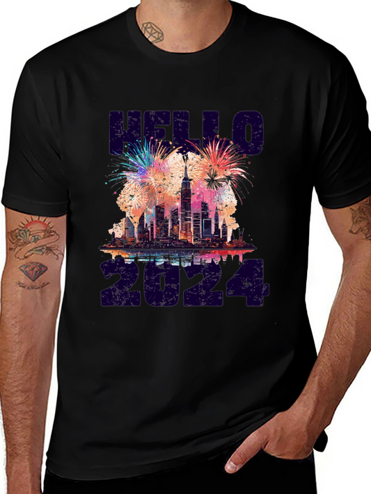 Hello 2024 NYC Skyline Fireworks Graphic Tee