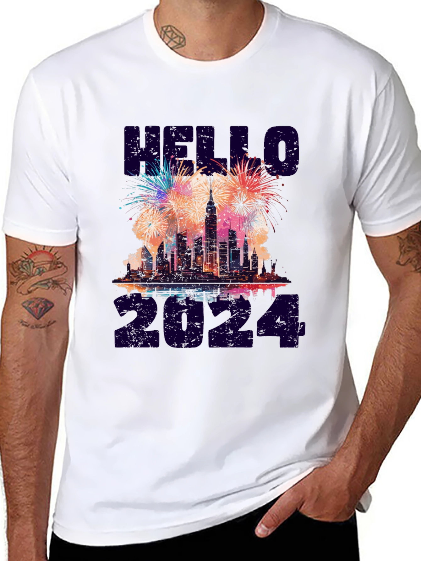 Hello 2024 NYC Skyline Fireworks Graphic Tee