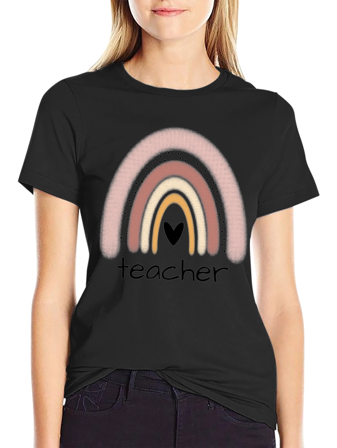 Teacher Rainbow Graphic Tee - Black Crew Neck T-Shirt