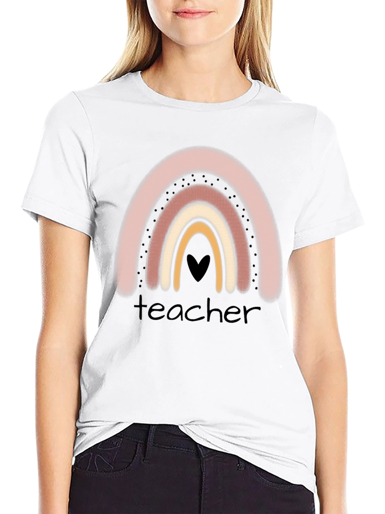 Teacher Rainbow Graphic Tee - Black Crew Neck T-Shirt