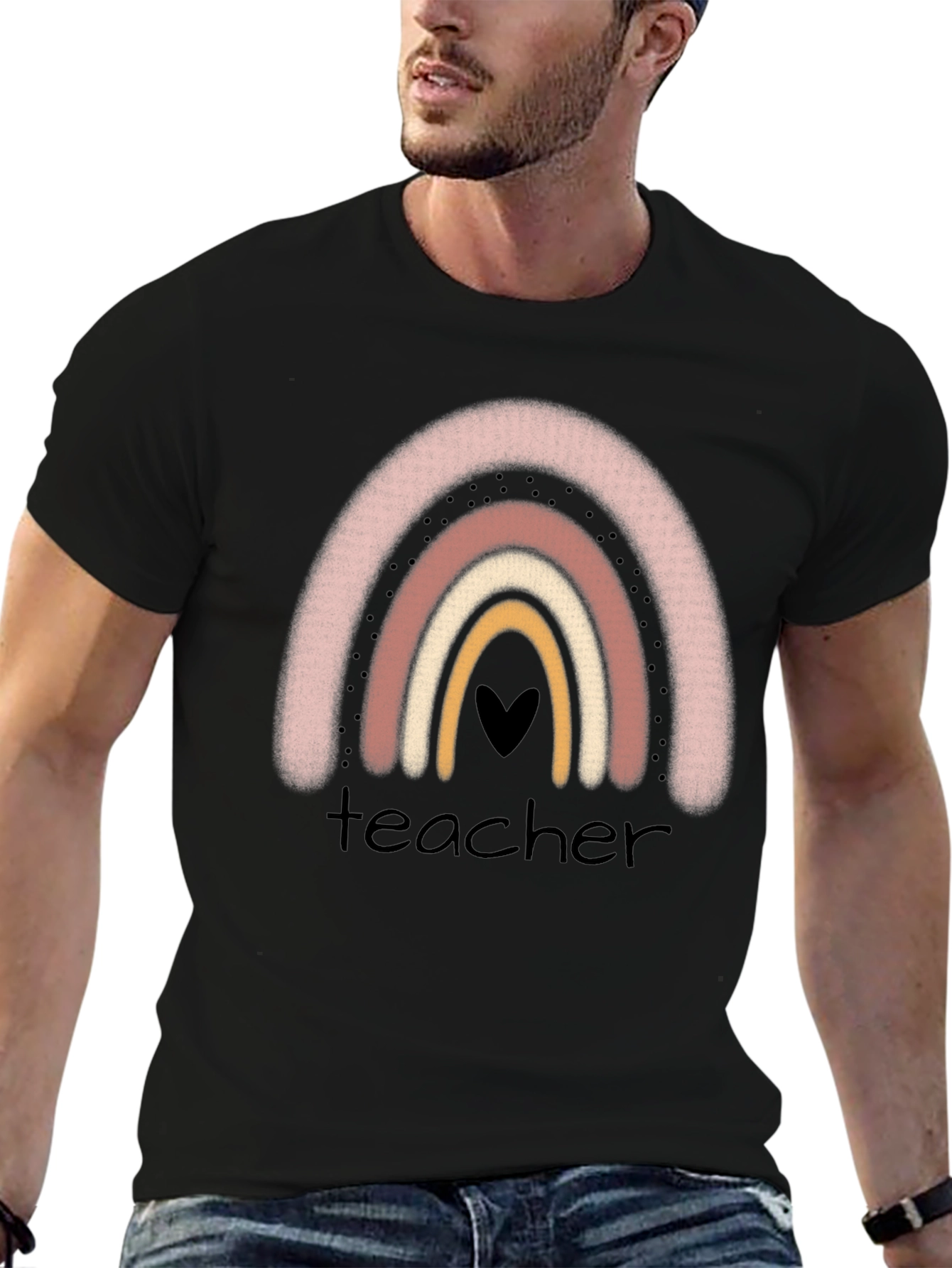 Teacher Rainbow Graphic Tee - Black Crew Neck T-Shirt