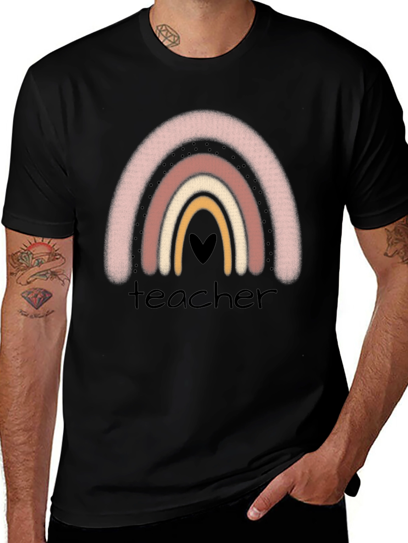 Teacher Rainbow Graphic Tee - Black Crew Neck T-Shirt