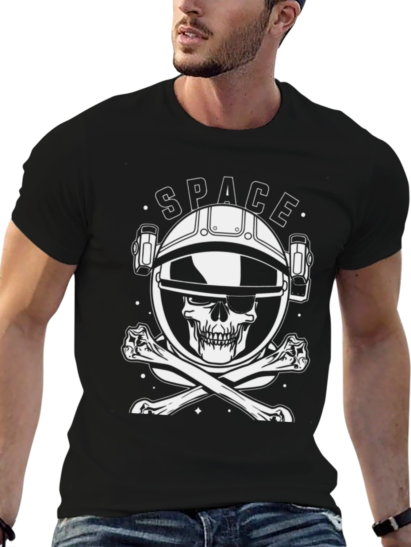 Space Skull Black T-Shirt - Astronaut Pirate Style