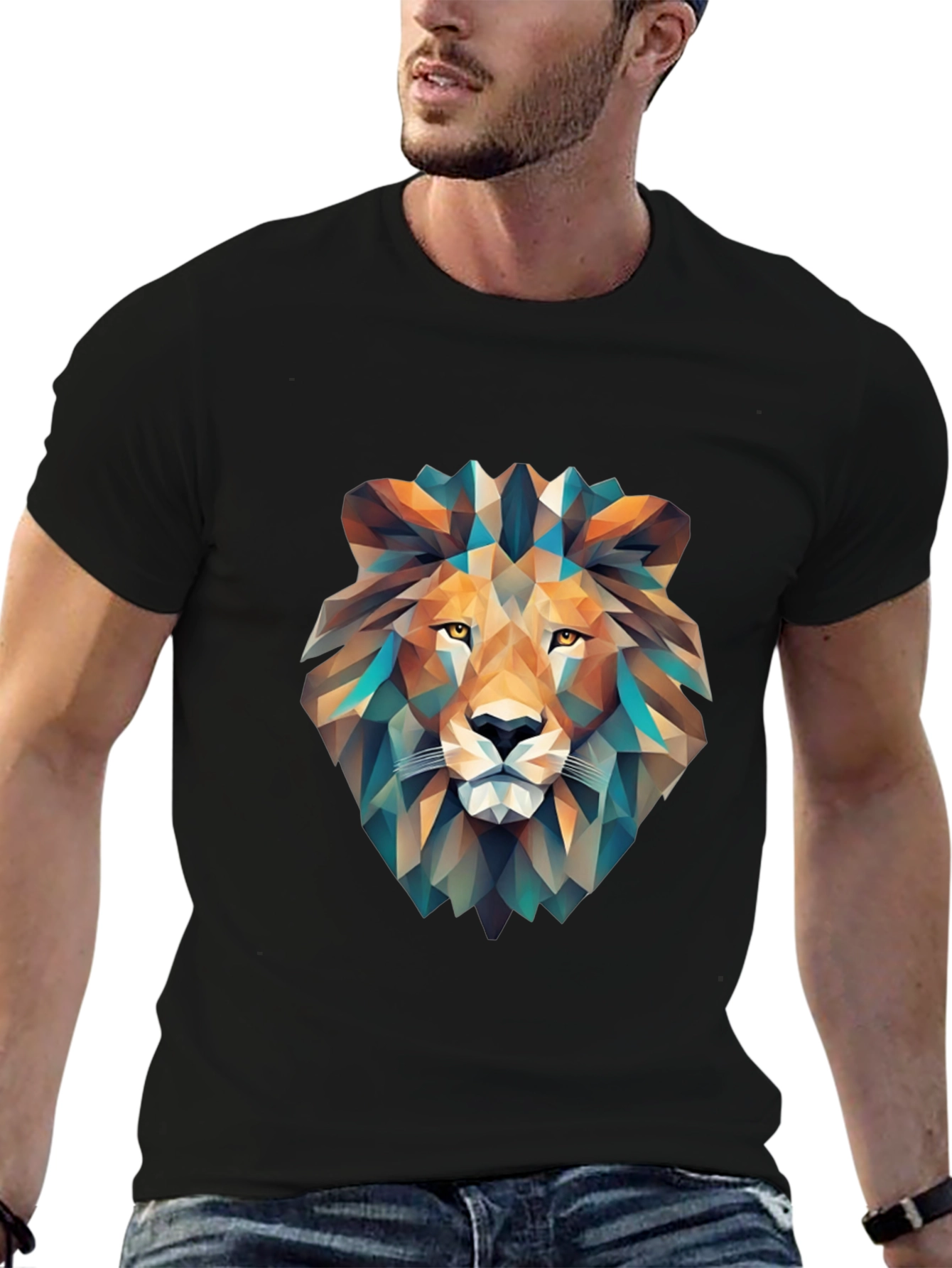 Geometric Lion Graphic T-Shirt - Black