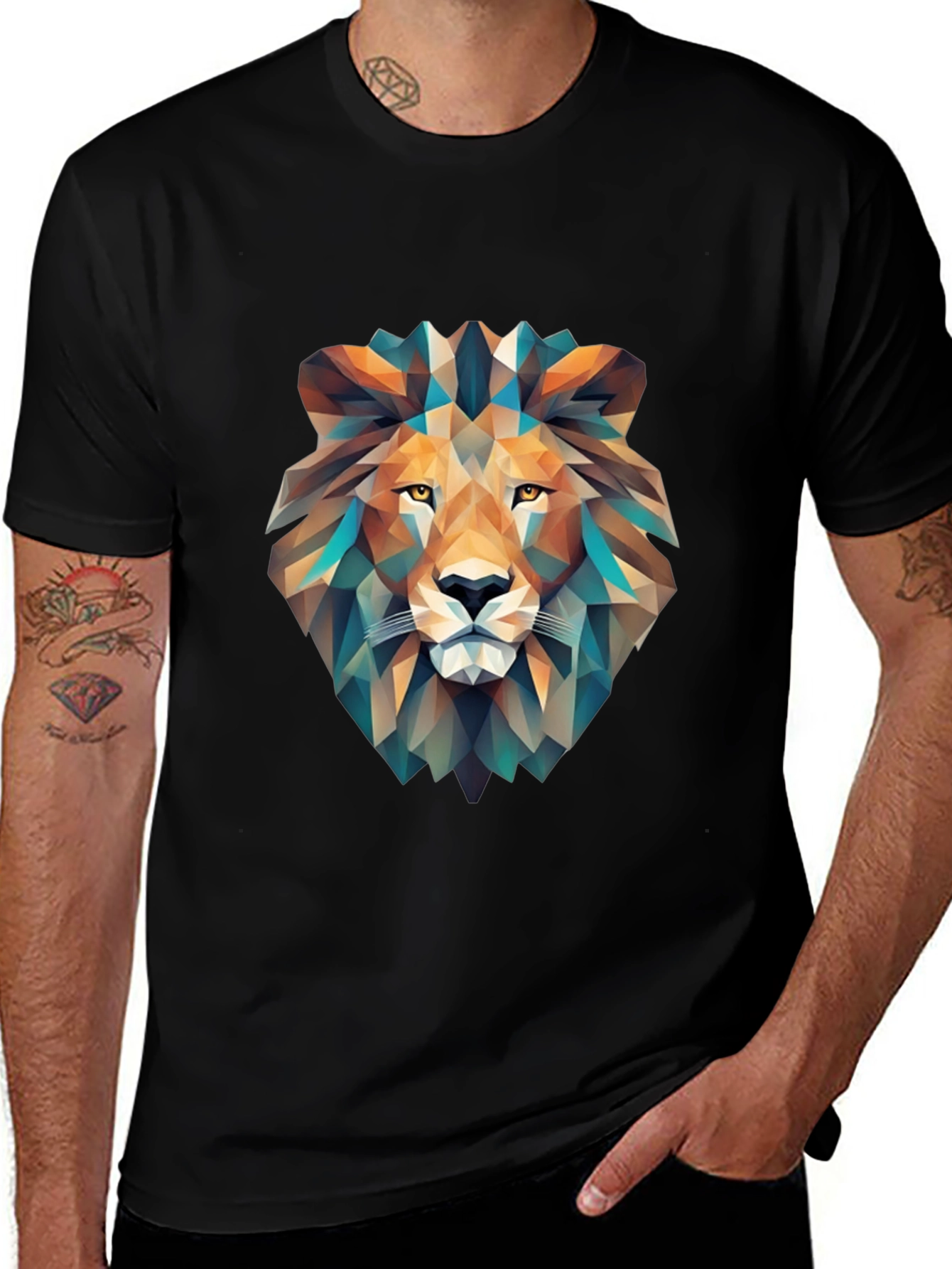 Geometric Lion Graphic T-Shirt - Black